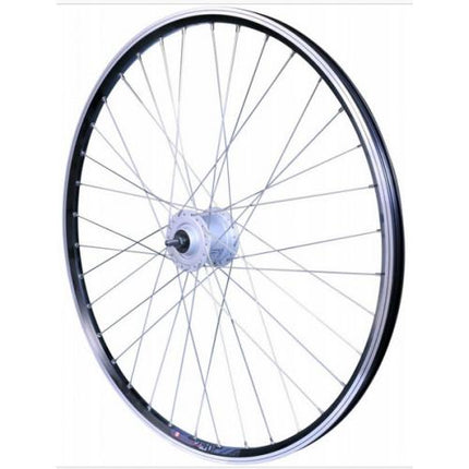 ROUE AVANT 26" VTT, FREIN A DISQUE, 6T , DYNAMO DANS MOYEU SHIMANO -6V,3W,- JANTE VUELTA, NOIR,