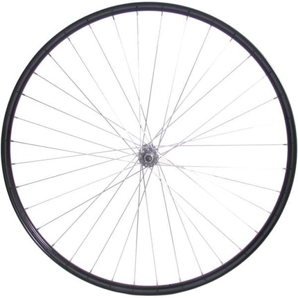 ROUE AVANT 28 X 1 1/2 (635-22), NOIR, AXE PLEIN, ALU., RAYON ZINC.